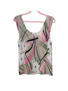 Vintage Y2K Pleated Abstract Floral Tank Top Nicola XL Pink Green Artsy Retro